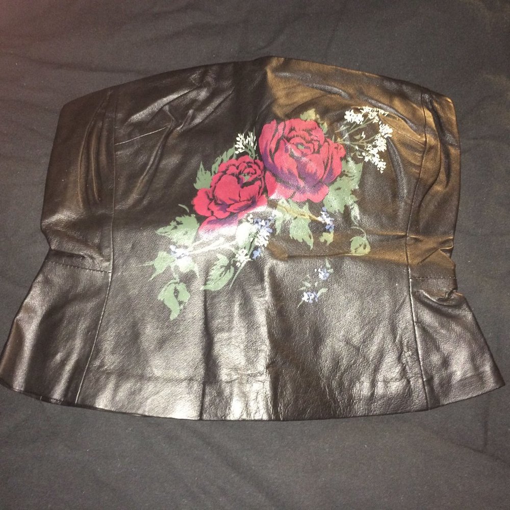 Newport News Floral Print  Black Leather Bustier